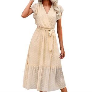 NWT Chic Style Swiss Dot V-Neck Short Sleeve Mid-Calf Flowy Dress